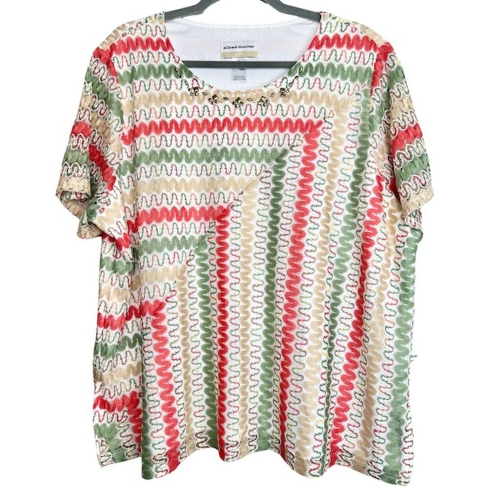 Alfred Dunner NWT Red Green Beige Striped Lace Blouse Womens Plus Size 2X